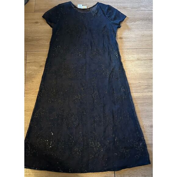 Vintage Dress Navy Black Shimmer floral Sheer Midi Size 14 1/2 Whimsy Fairy Goth - Picture 3 of 8